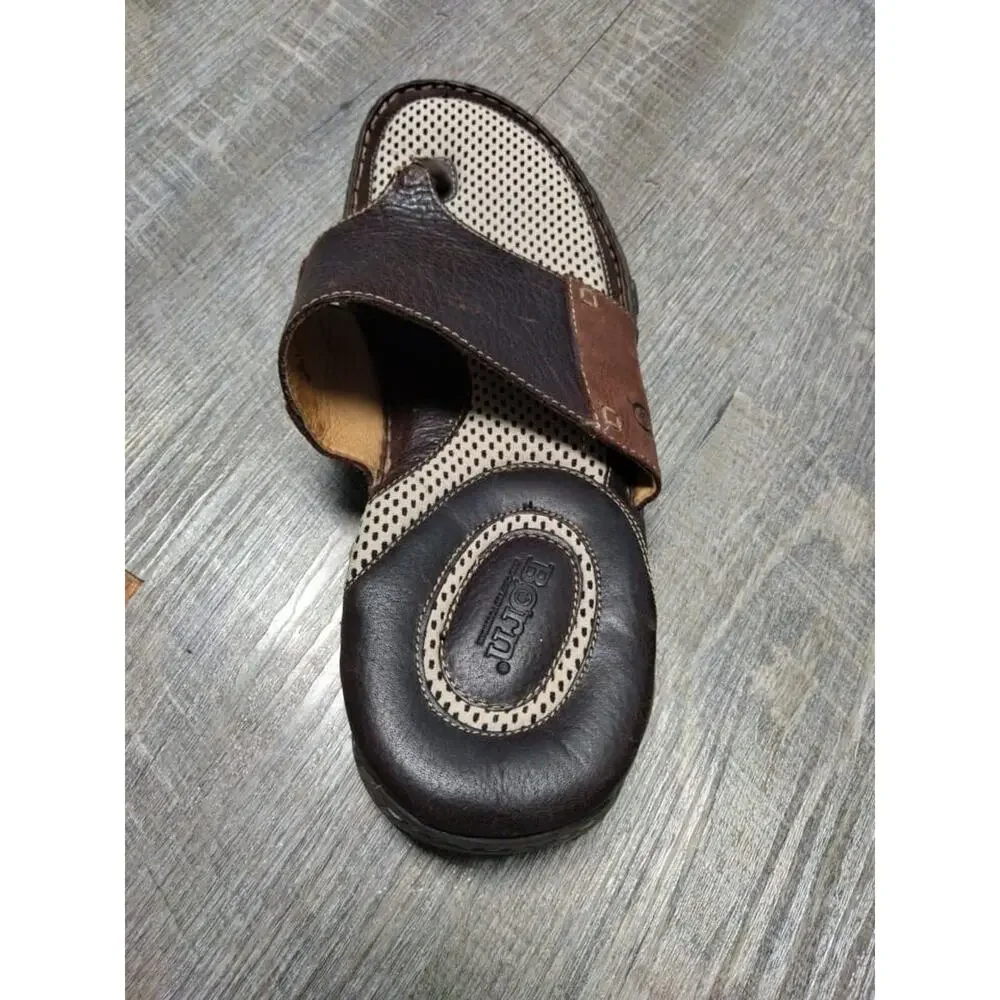 Mens Born Sandal Slip On Thongs Flip Flops Brown Leather Size 12/46 - Picture 9 of 11